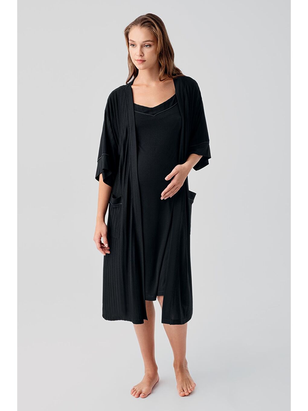 Siyah Askılı Emzirme Bölmeli Esnek Viskoz Hamile Sabahlık Gecelik Takım 19407