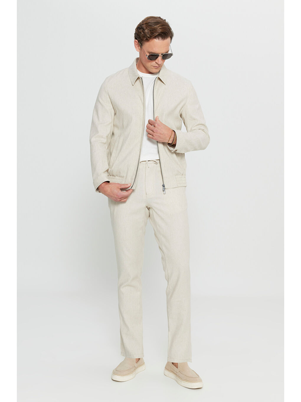 Erkek Bej Keten Standart Fit Normal Kesim Gömlek Yaka Bomber Ceket Mont-1