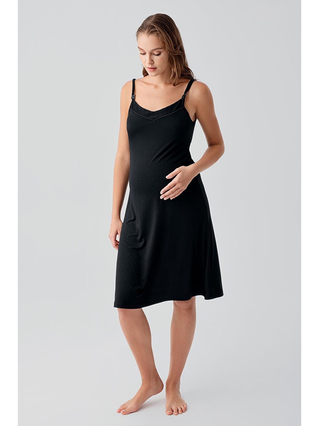 Siyah Askılı Emzirme Bölmeli Esnek Viskoz Hamile Sabahlık Gecelik Takım 19407-2