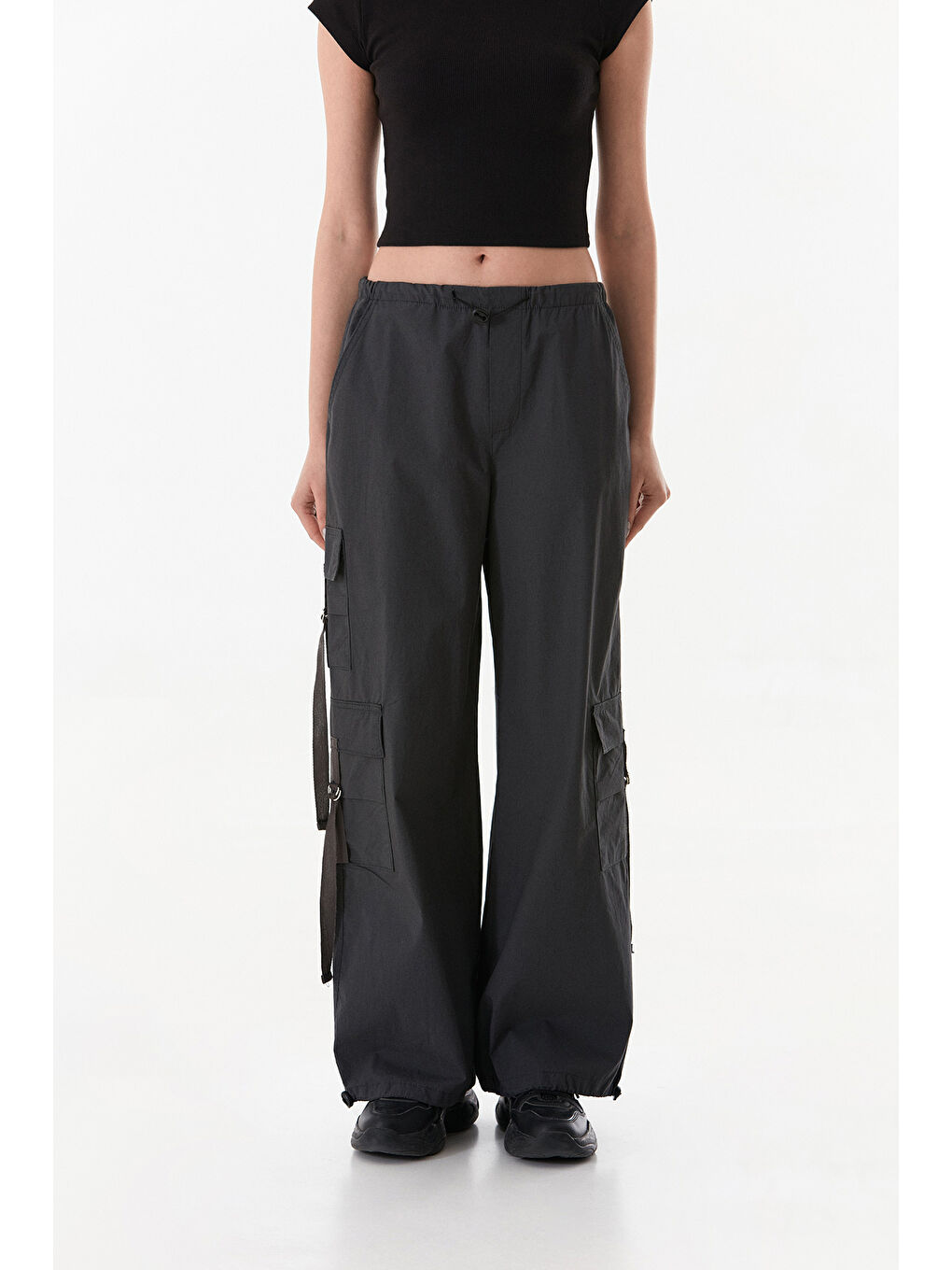 Gri Beli Lastikli Kargo Cepli Stoperli Paraşüt Kumaş Pantolon-1