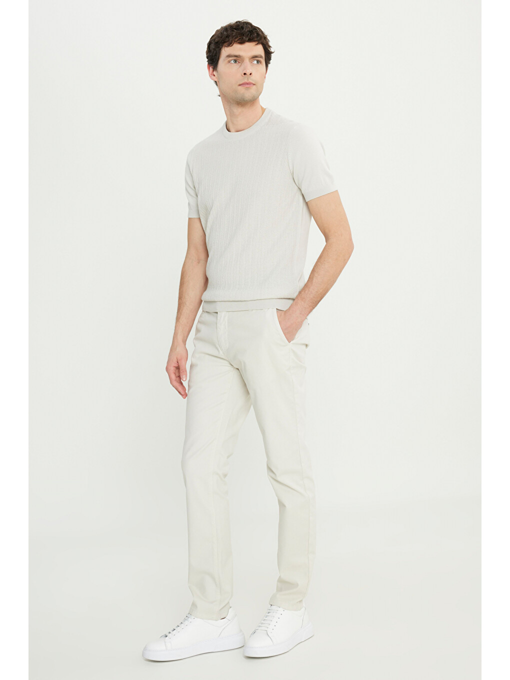 Bej Erkek Taş Pamuklu Slim Fit Dar Kesim Yan Cepli Armürlü Esnek Casual Pantolon-1