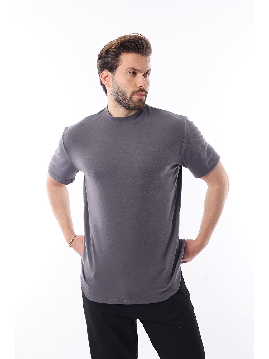 Gri Füme Bisiklet Yaka Basic Erkek Tişört E7113-1