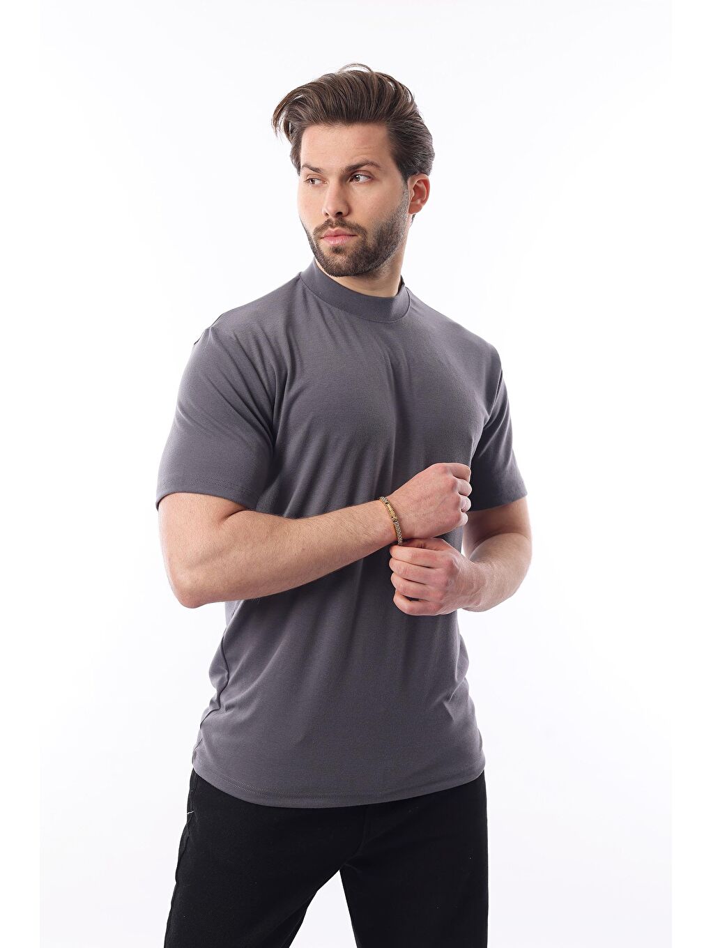 Gri Füme Bisiklet Yaka Basic Erkek Tişört E7113-2