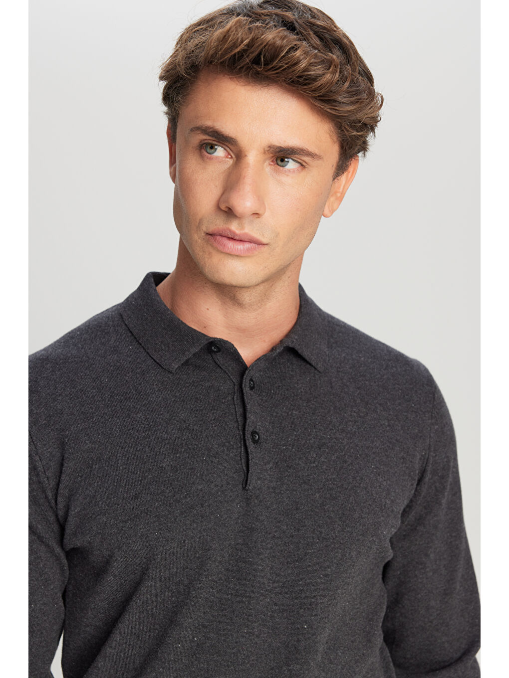 Erkek Antrasit-Melanj Pamuklu Standart Fit Normal Kesim Polo Yaka Triko Kazak-3