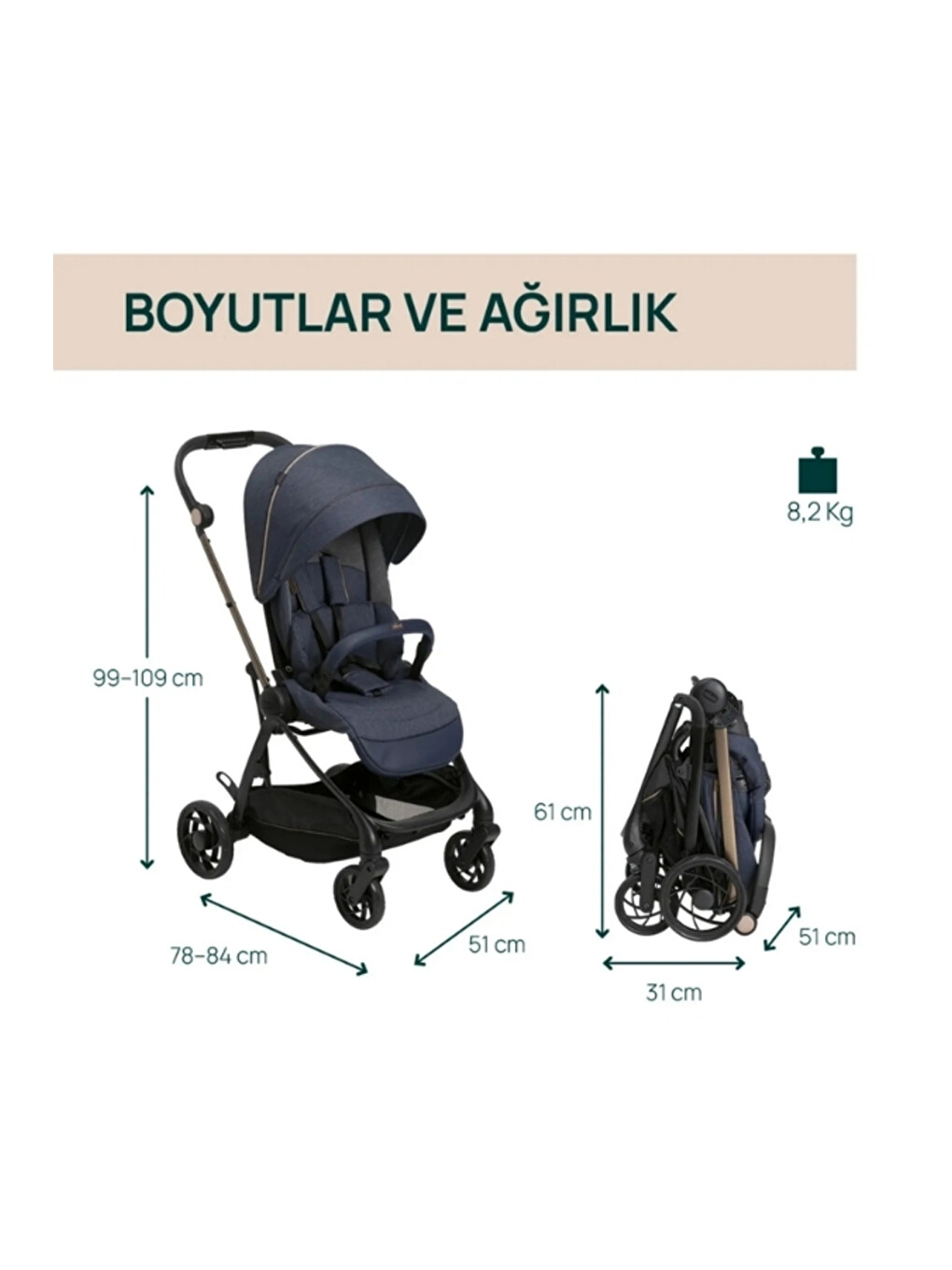 One4ever Lounge Çift Yönlü Kolay Katlanabilen Travel Sistem Bebek Arabası Denim Shine-1