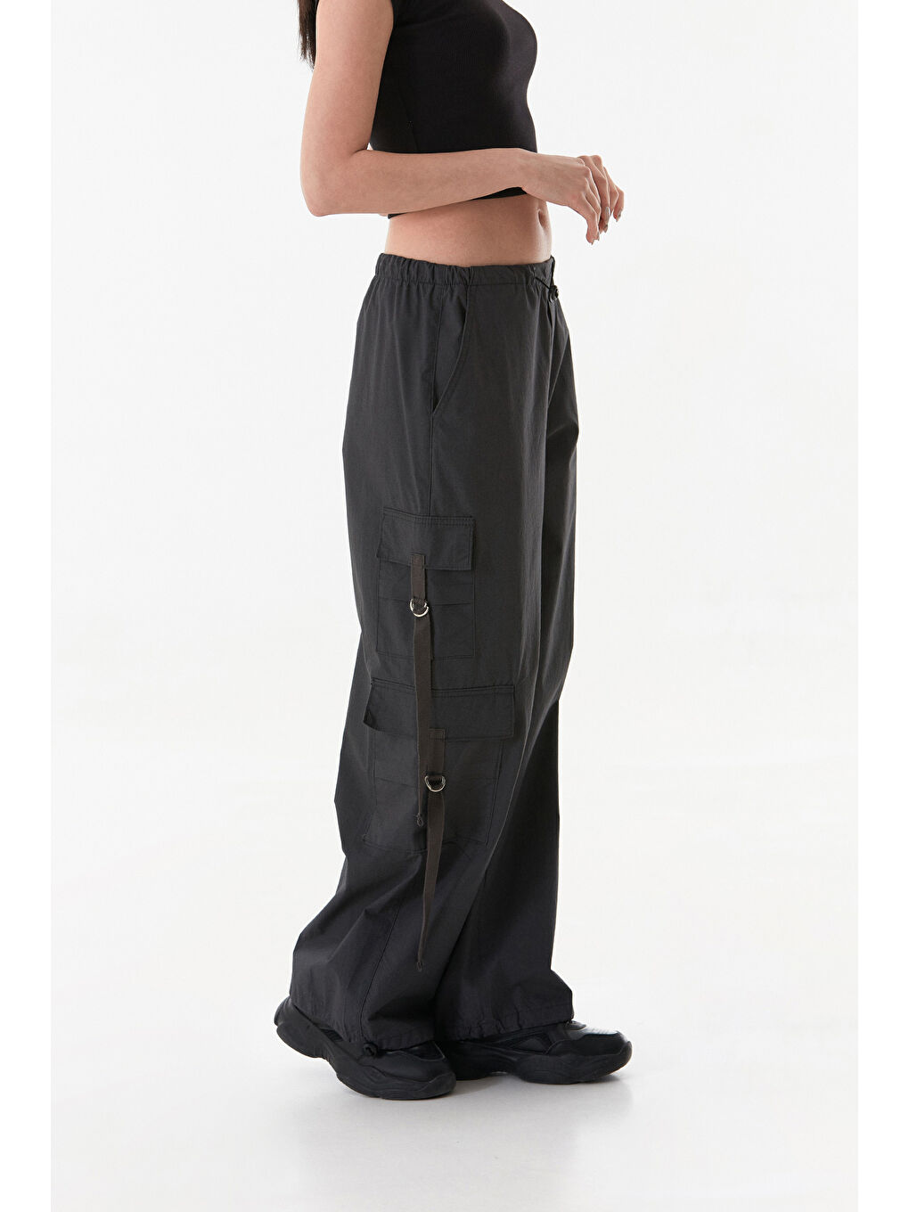 Gri Beli Lastikli Kargo Cepli Stoperli Paraşüt Kumaş Pantolon-3