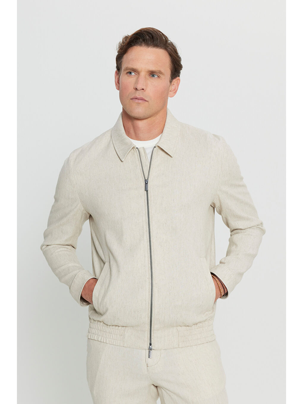 Erkek Bej Keten Standart Fit Normal Kesim Gömlek Yaka Bomber Ceket Mont-2