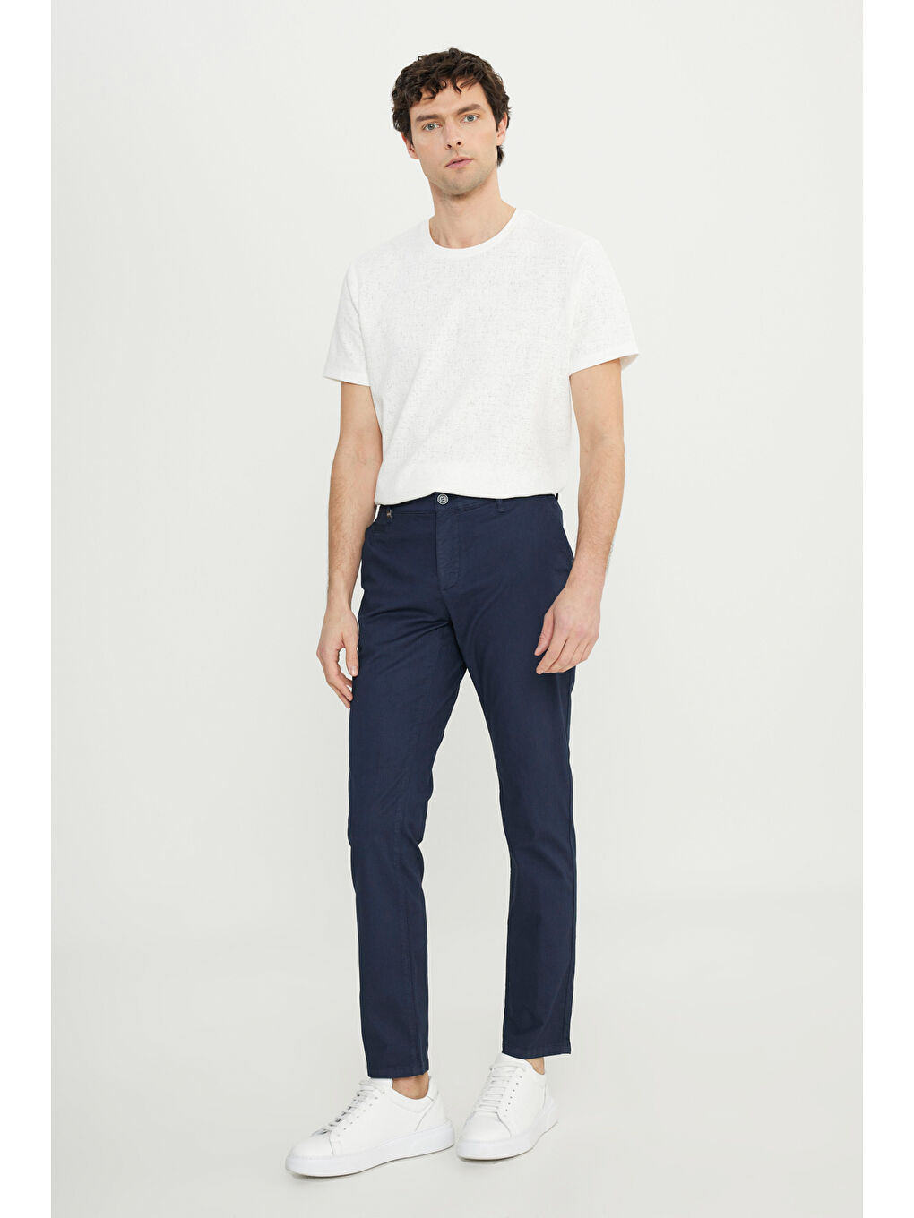 Erkek Lacivert Pamuklu Slim Fit Dar Kesim Yan Cepli Armürlü Esnek Casual Pantolon-2