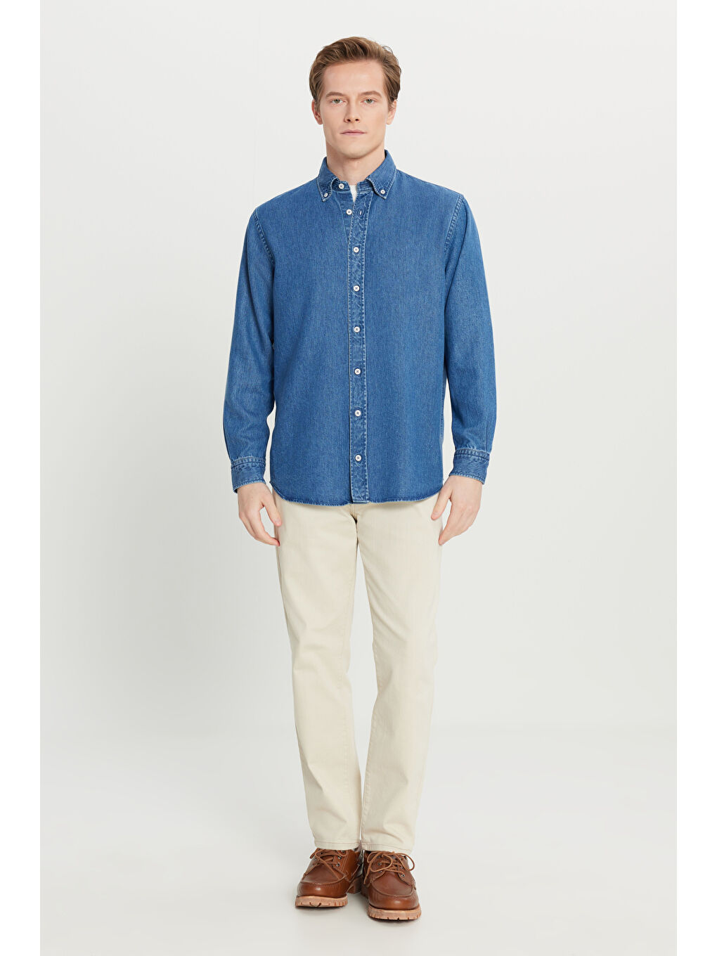 Erkek Lacivert Yumuşak Dokulu Comfort Fit Rahat Kesim Klasik Yaka Denim Jean Gömlek-1