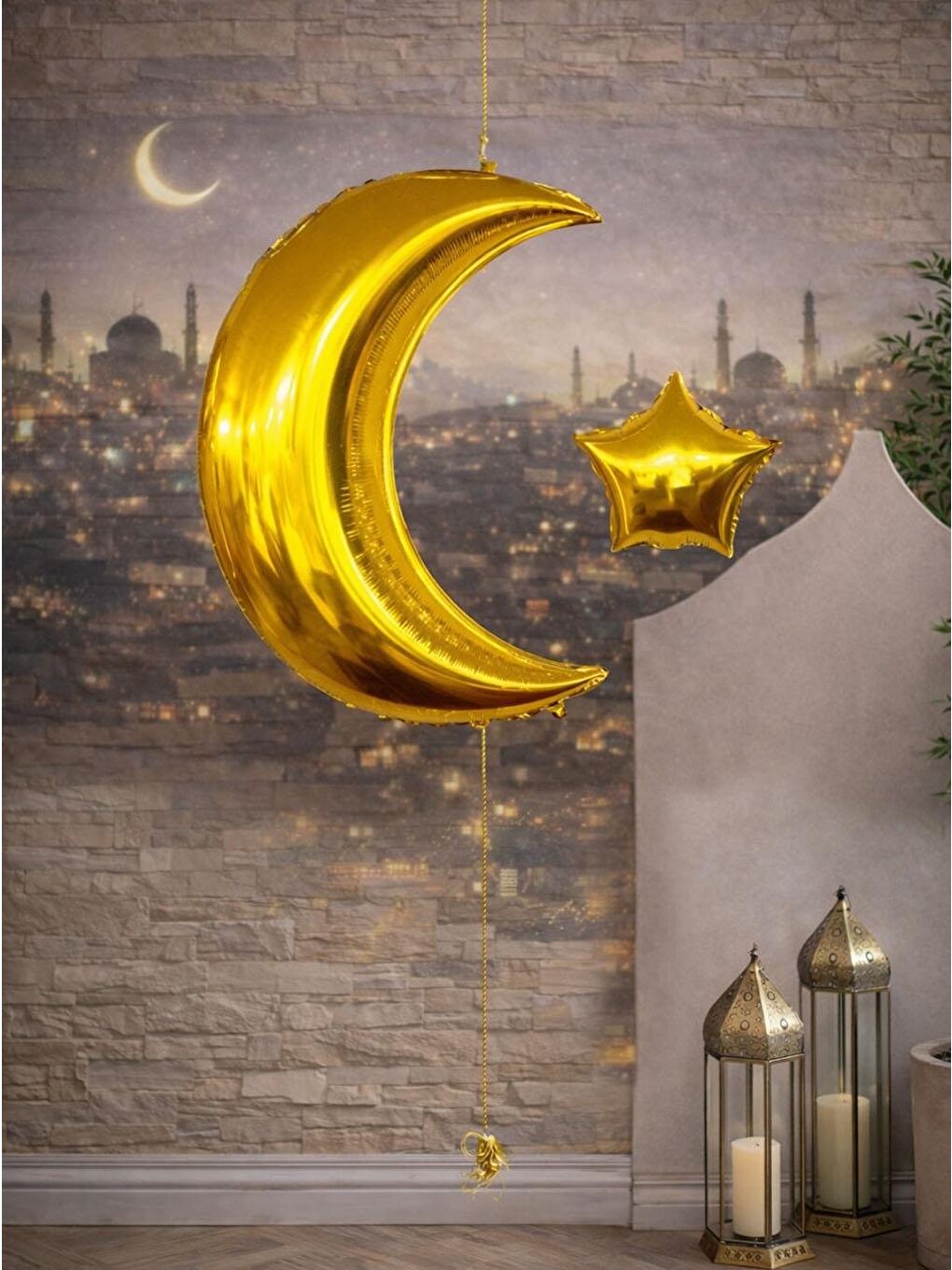 Sarı Altın Ay Yıldız Folyo Balon – Ramazan Dekorasyon Süsü 86 cm