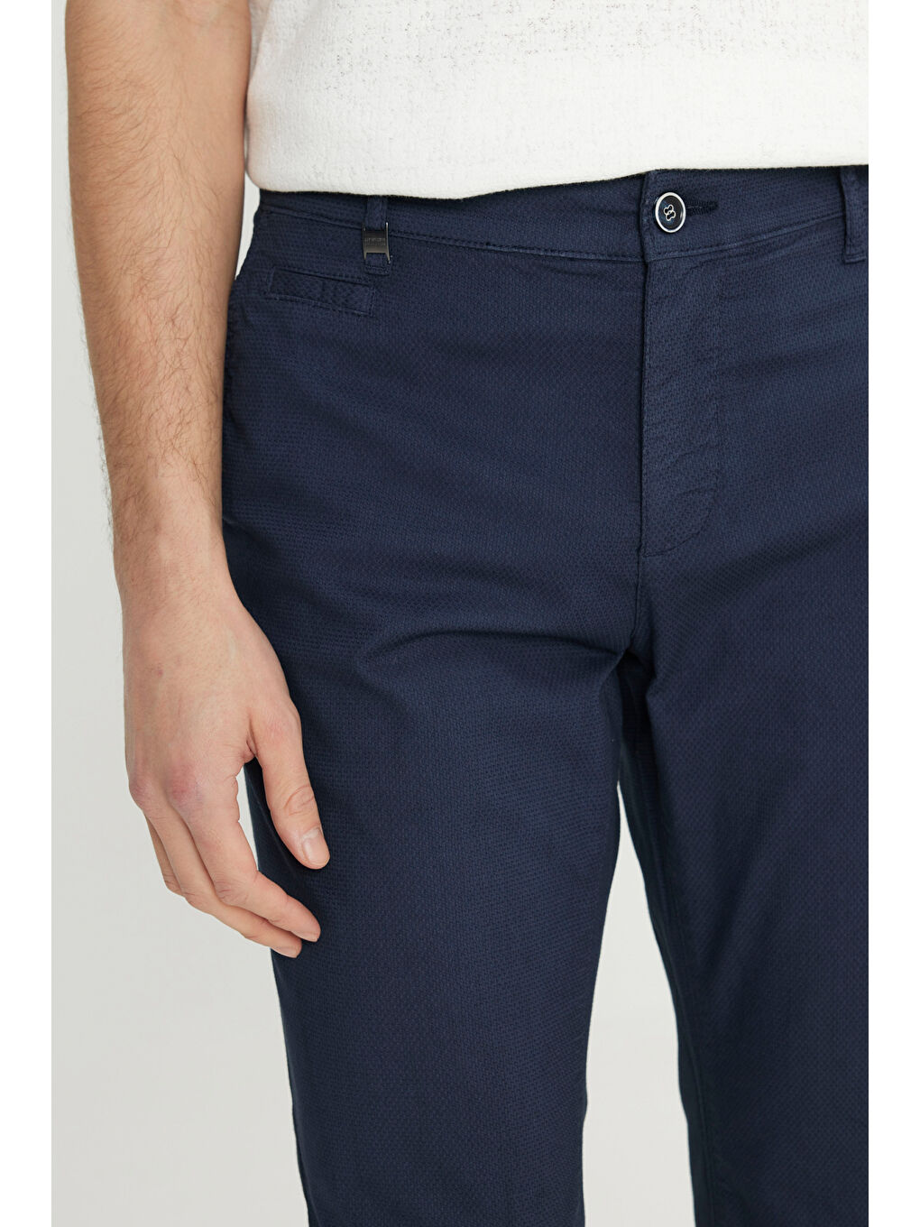 Erkek Lacivert Pamuklu Slim Fit Dar Kesim Yan Cepli Armürlü Esnek Casual Pantolon-3