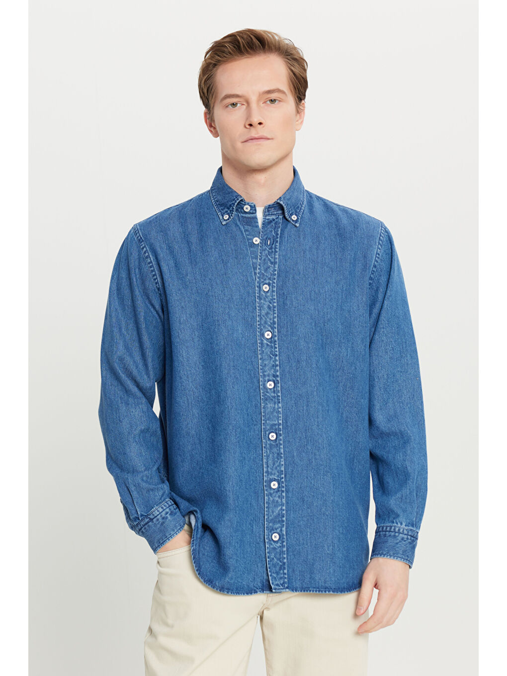 Erkek Lacivert Yumuşak Dokulu Comfort Fit Rahat Kesim Klasik Yaka Denim Jean Gömlek-2