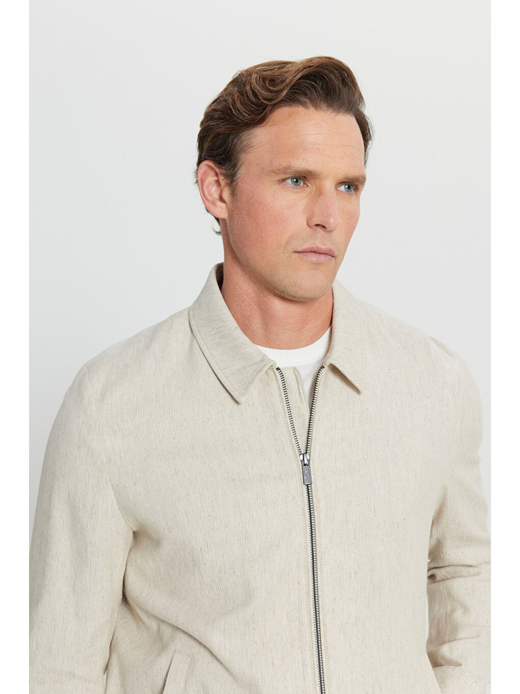 Erkek Bej Keten Standart Fit Normal Kesim Gömlek Yaka Bomber Ceket Mont-3