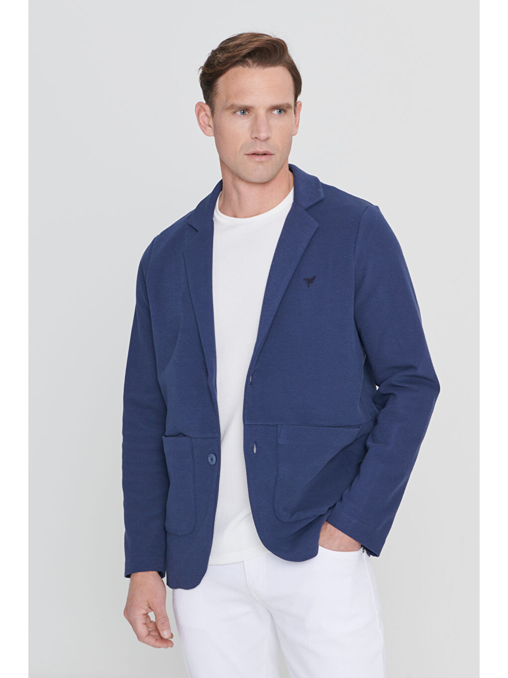 Erkek Lacivert Standart Fit Normal Kesim Gömlek Yaka Pamuklu Örme Ceket-2