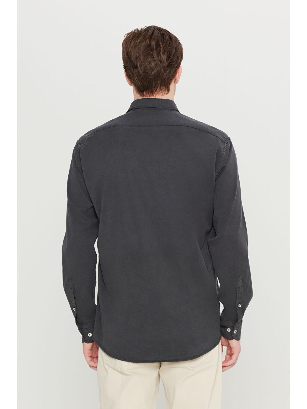 Erkek Antrasit Pamuklu Comfort Fit Rahat Kesim Gizli Düğmeli Yaka Gömlek-4