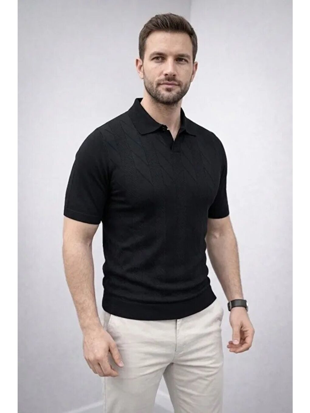 Siyah Erkek Yazlık Triko Dokuma Tişört-1