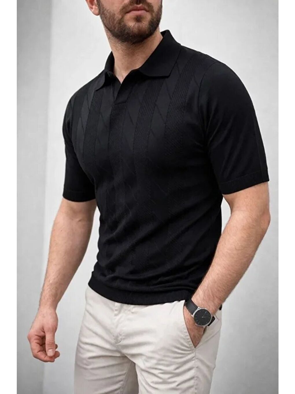 Siyah Erkek Yazlık Triko Dokuma Tişört-2