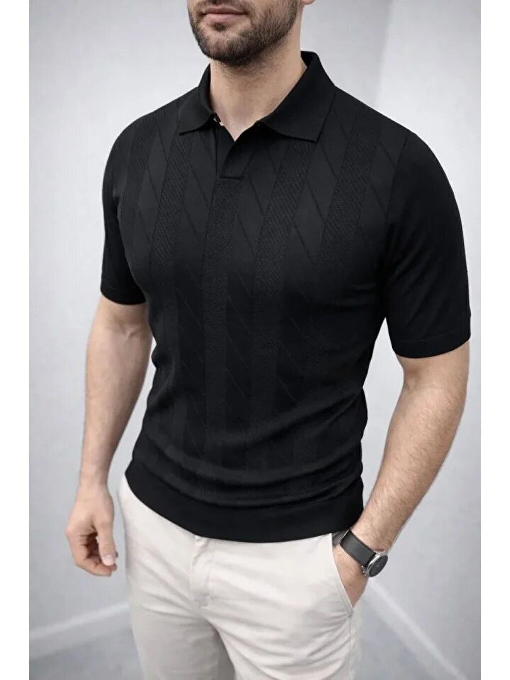 Siyah Erkek Yazlık Triko Dokuma Tişört-3