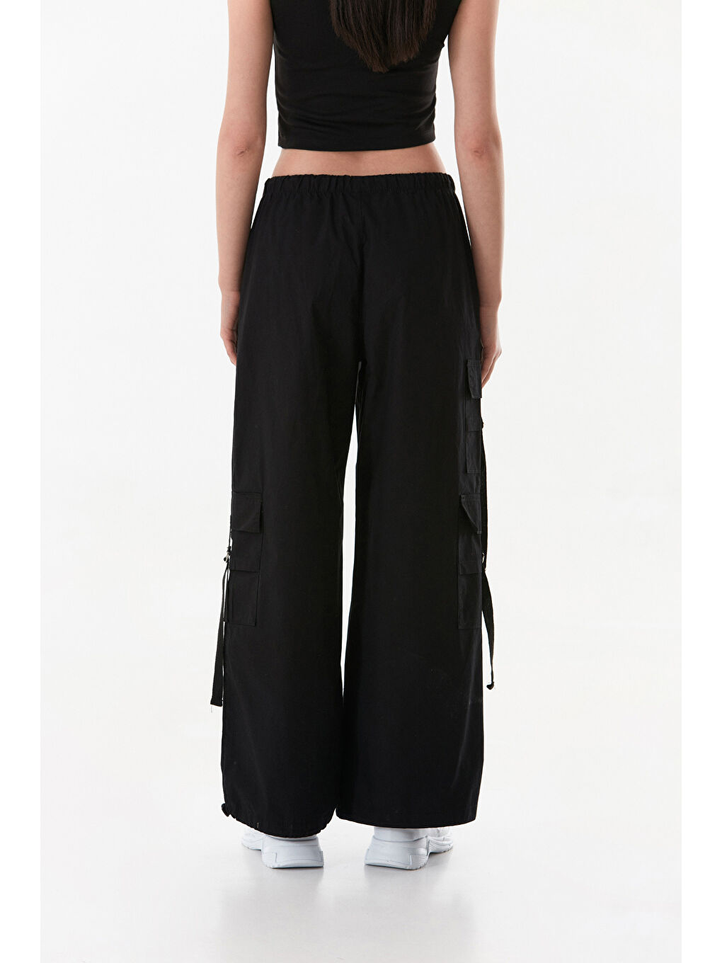 Siyah Beli Lastikli Kargo Cepli Stoperli Paraşüt Kumaş Pantolon-2