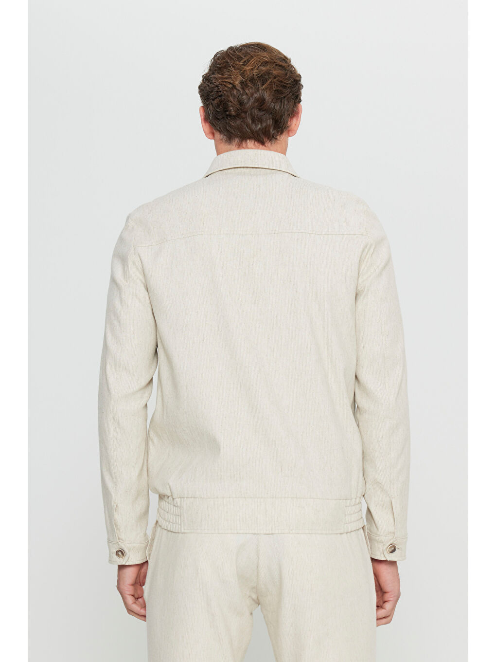 Erkek Bej Keten Standart Fit Normal Kesim Gömlek Yaka Bomber Ceket Mont-4