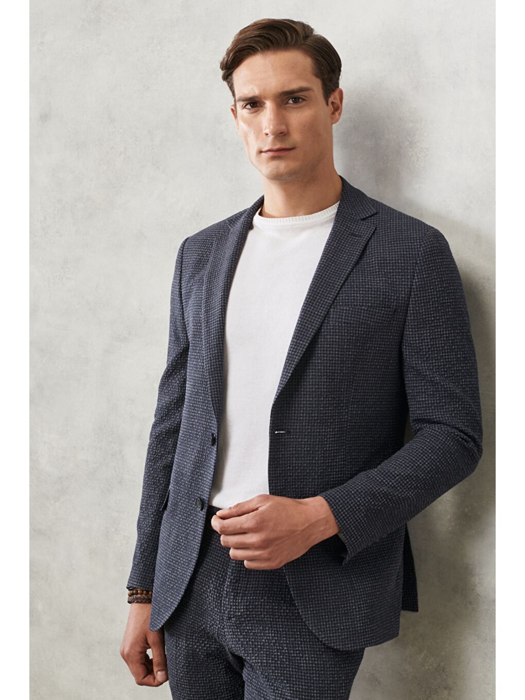 Erkek Antrasit-Lacivert Slim Fit Dar Kesim Mono Yaka Kareli Klasik Takım Elbise