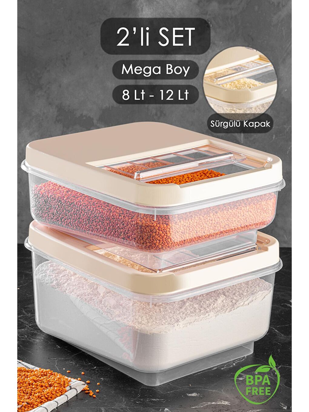 Ekru 2'li Set - Kayar Kapaklı Bakliyat Saklama Kabı 8 lt - 12 lt