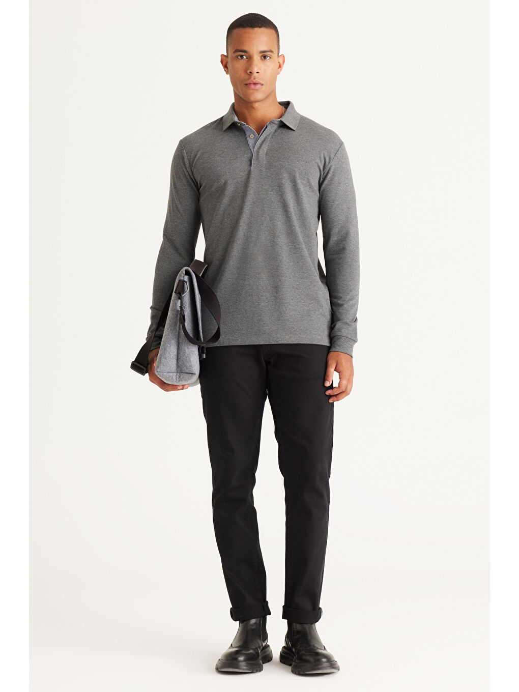 Erkek Antrasit-Melanj Pamuklu Slim Fit Dar Kesim Polo Yaka Uzun Kollu Esnek Tişört