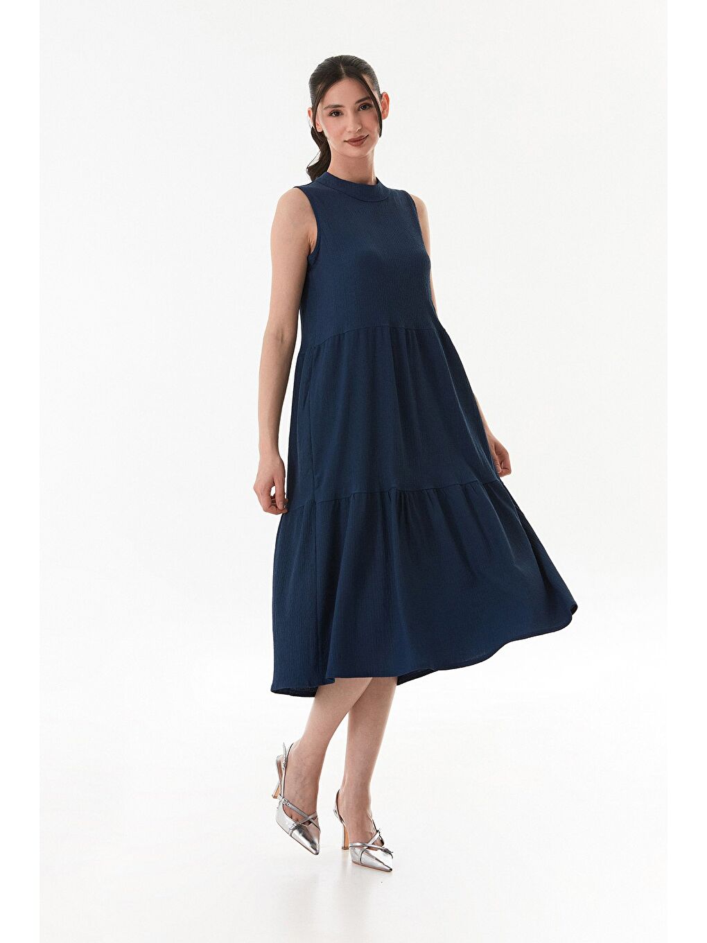 İndigo Bürümcük Kumaş Fermuarlı Elbise