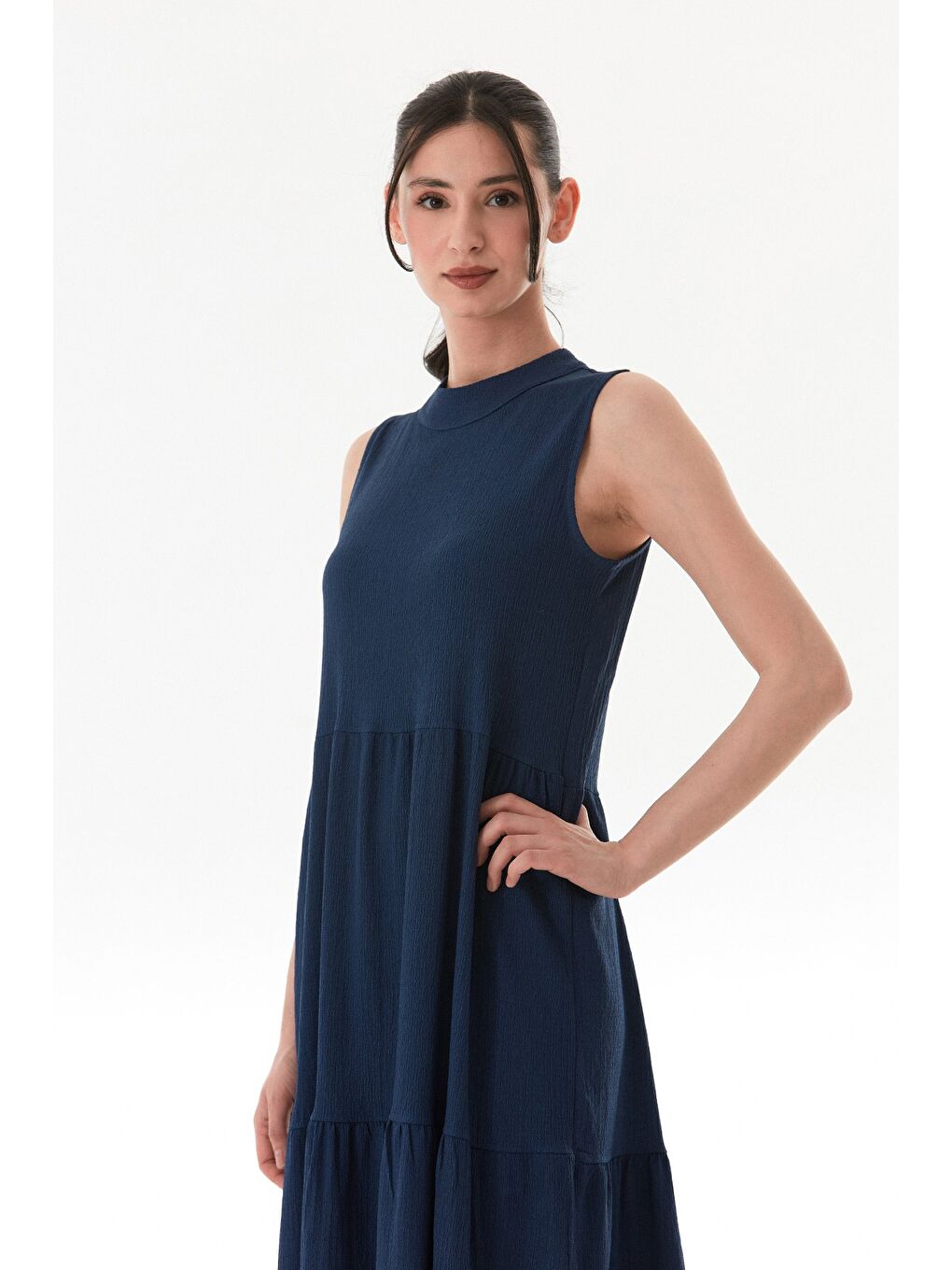 İndigo Bürümcük Kumaş Fermuarlı Elbise-3