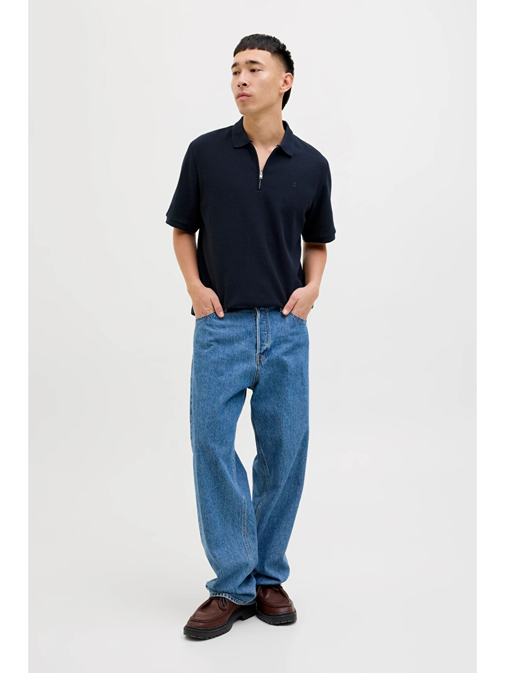 Lacivert Essentials Jjeaustin Normal Kalıp Fermuarlı Polo Yaka Tişört 12279177-1