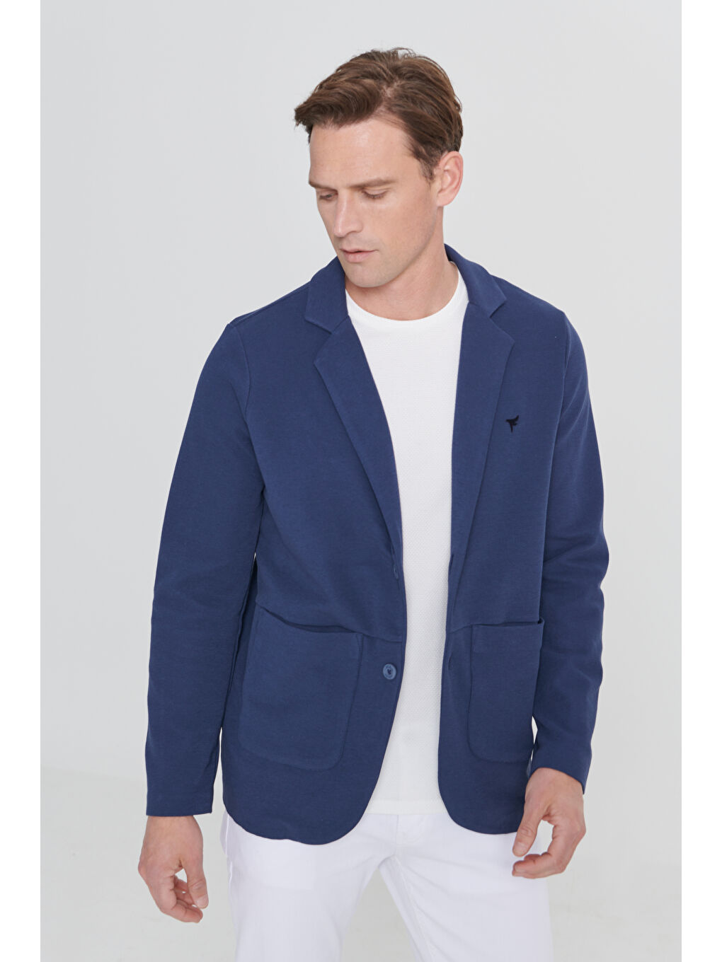 Erkek Lacivert Standart Fit Normal Kesim Gömlek Yaka Pamuklu Örme Ceket-3
