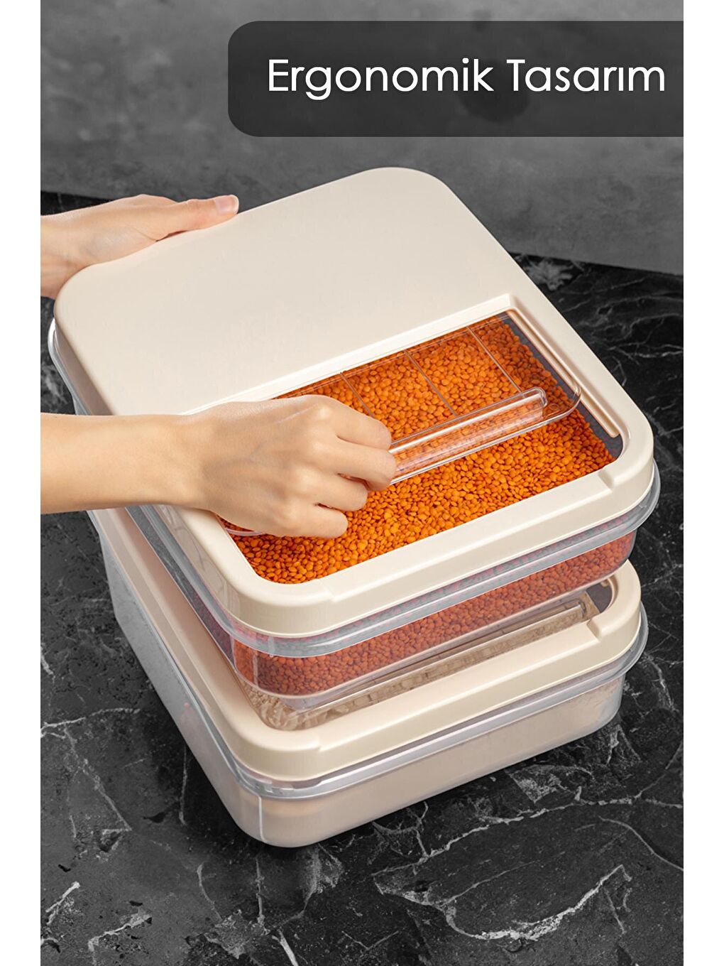 Ekru 2'li Set - Kayar Kapaklı Bakliyat Saklama Kabı 8 lt - 12 lt-1