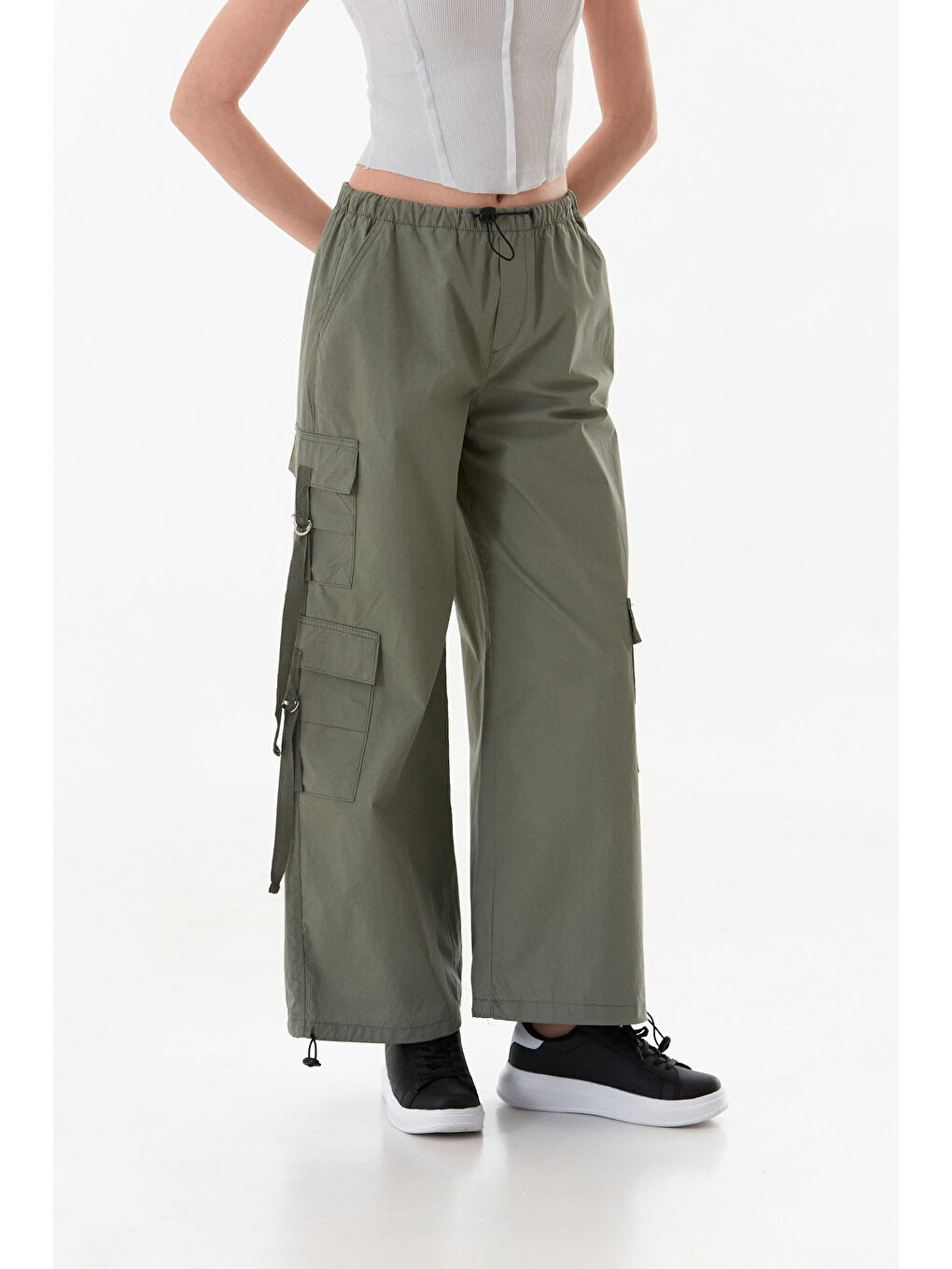 Haki Beli Lastikli Kargo Cepli Stoperli Paraşüt Kumaş Pantolon-1