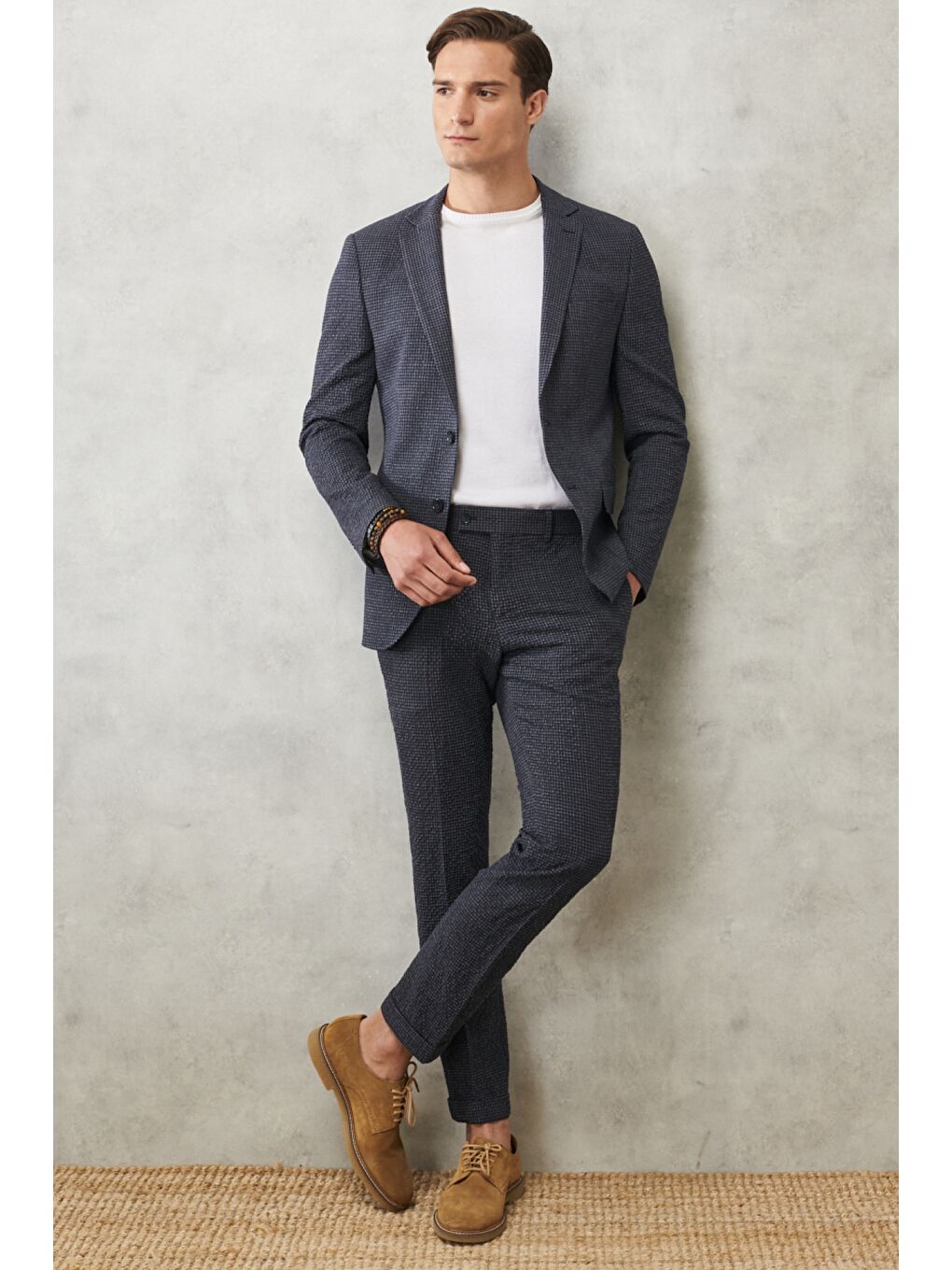 Erkek Antrasit-Lacivert Slim Fit Dar Kesim Mono Yaka Kareli Klasik Takım Elbise-1