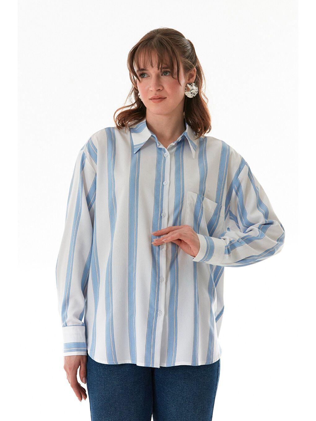 Mavi Çizgili Tek Cepli Arkası Uzun Salaş Gömlek-2