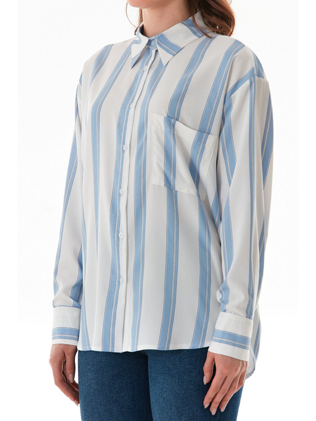 Mavi Çizgili Tek Cepli Arkası Uzun Salaş Gömlek-4