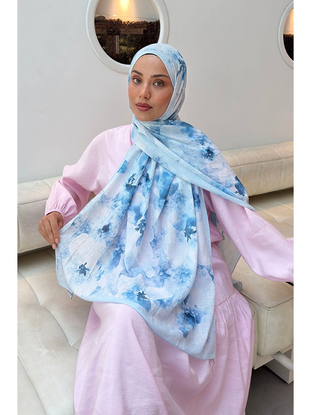 Batik Çiçek Desen Bambu Şal Bebe Mavisi