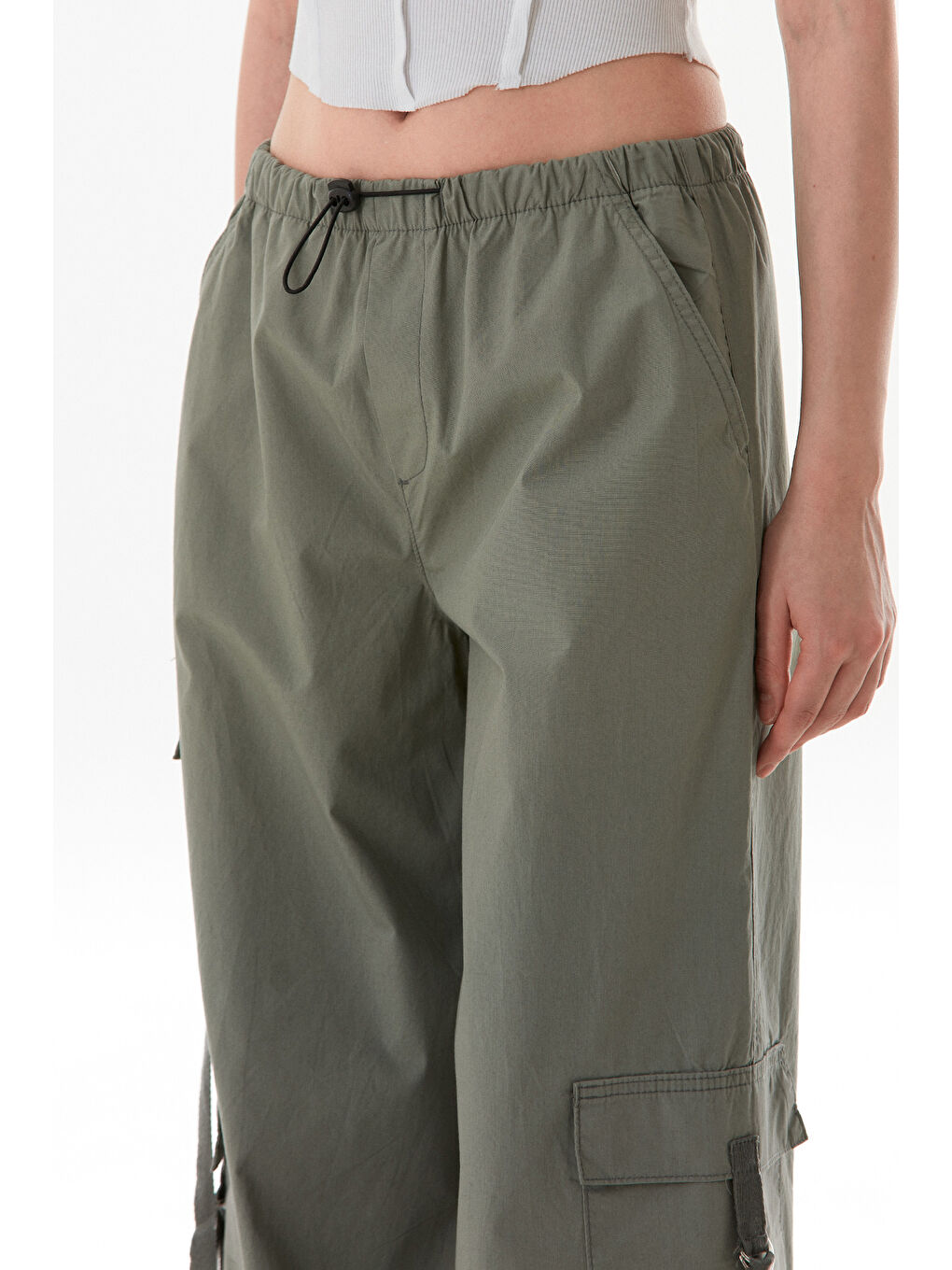 Haki Beli Lastikli Kargo Cepli Stoperli Paraşüt Kumaş Pantolon-4