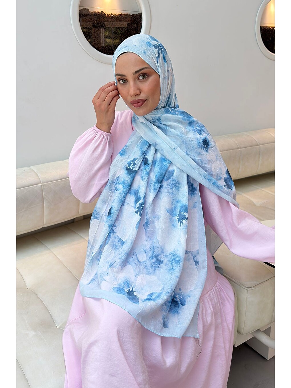 Batik Çiçek Desen Bambu Şal Bebe Mavisi-1