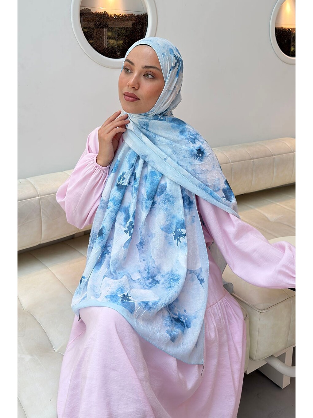 Batik Çiçek Desen Bambu Şal Bebe Mavisi-2