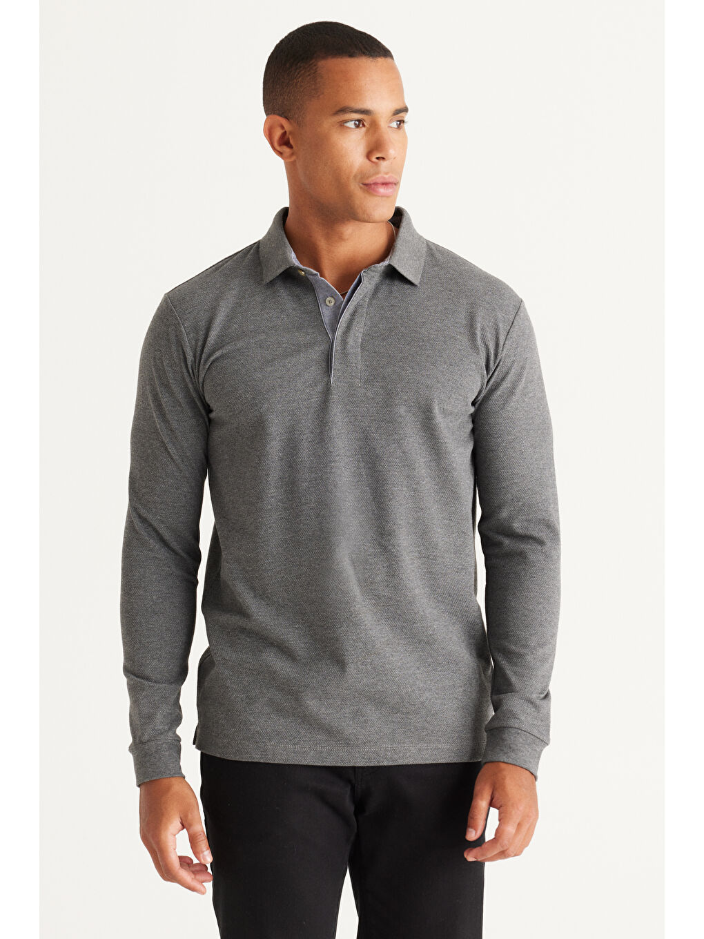 Erkek Antrasit-Melanj Pamuklu Slim Fit Dar Kesim Polo Yaka Uzun Kollu Esnek Tişört-2