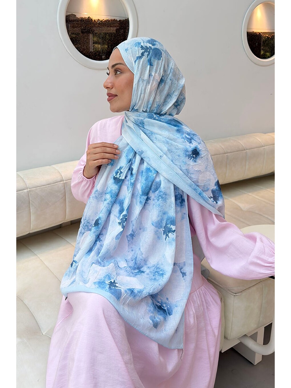 Batik Çiçek Desen Bambu Şal Bebe Mavisi-3