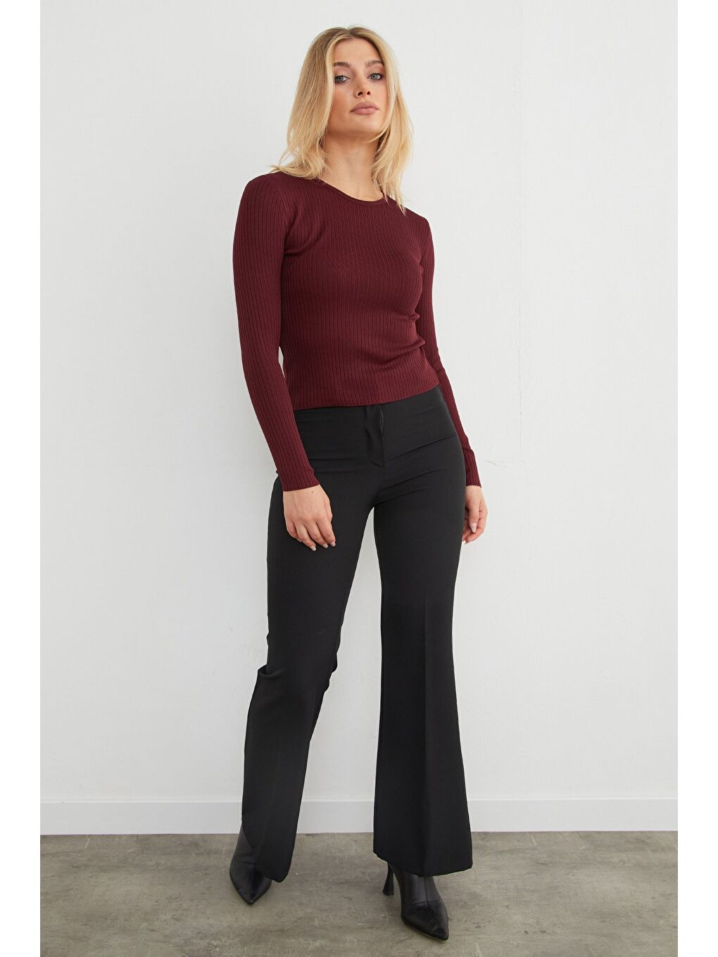 Bordo Fitilli Bisiklet Yaka İnce Triko Kazak-1