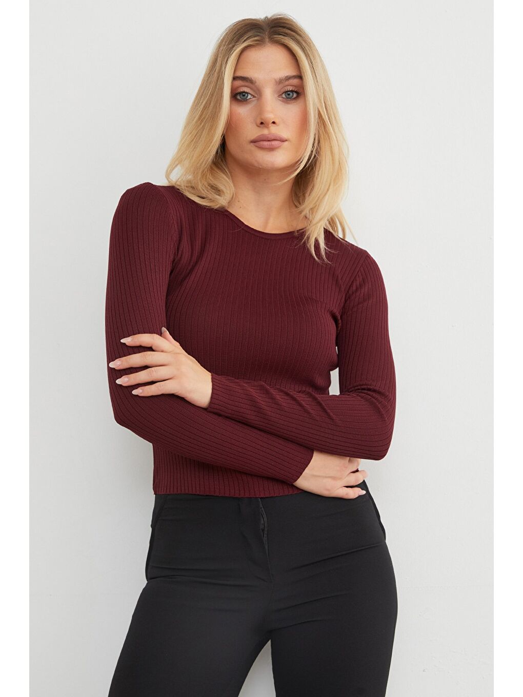 Bordo Fitilli Bisiklet Yaka İnce Triko Kazak-2