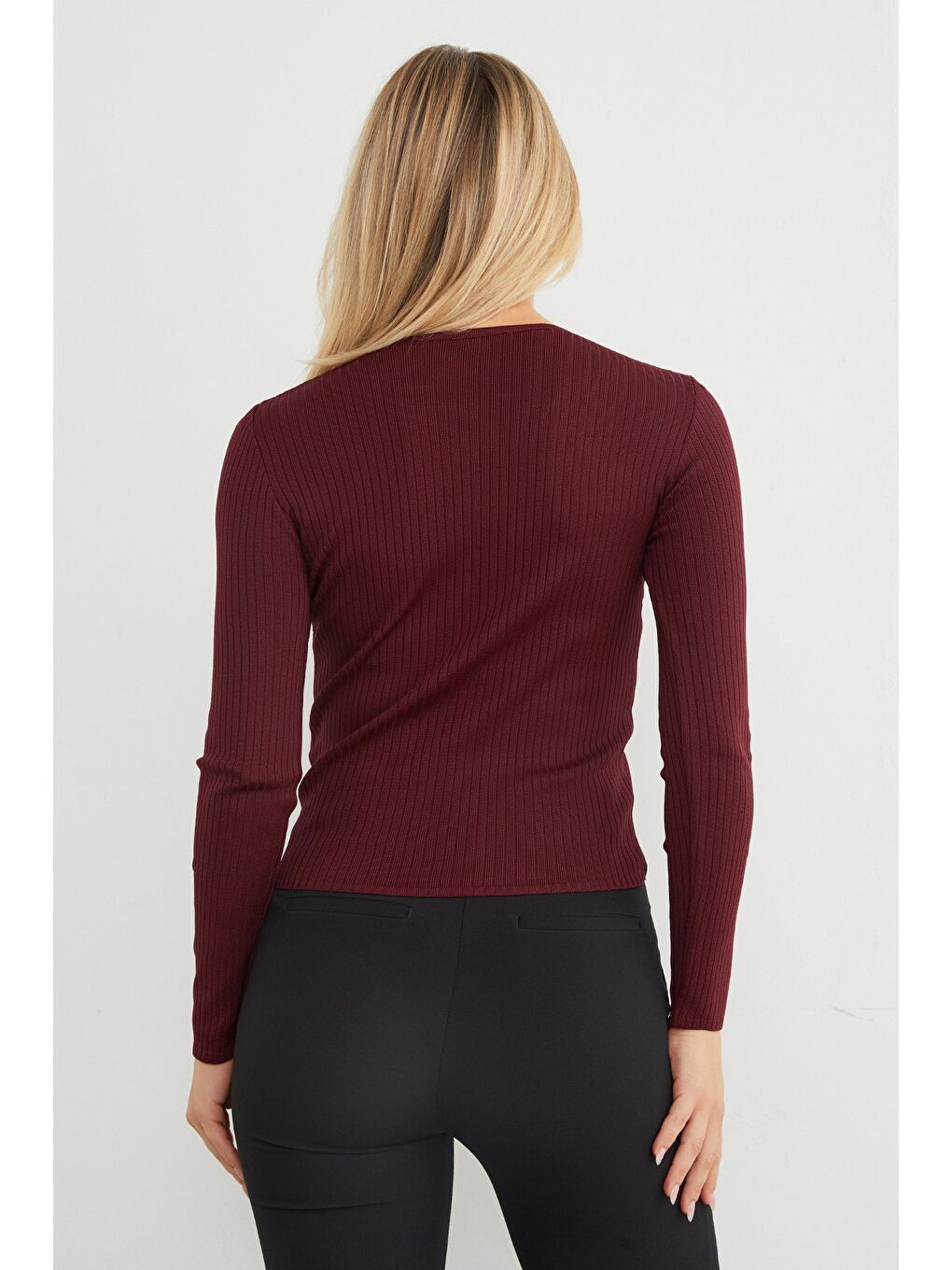 Bordo Fitilli Bisiklet Yaka İnce Triko Kazak-3