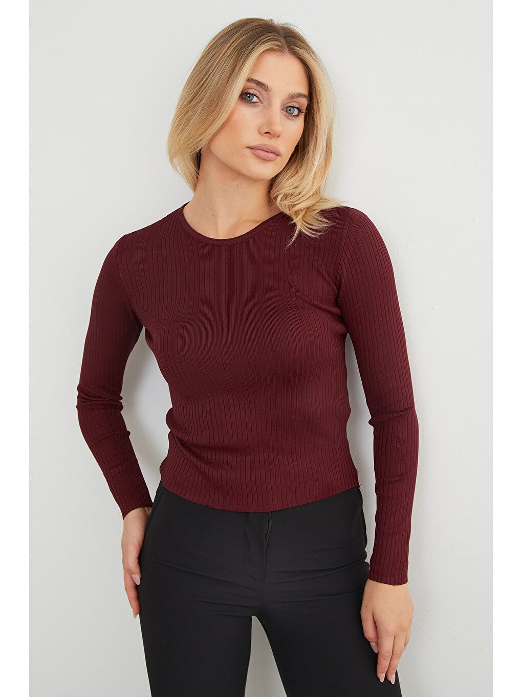 Bordo Fitilli Bisiklet Yaka İnce Triko Kazak-4