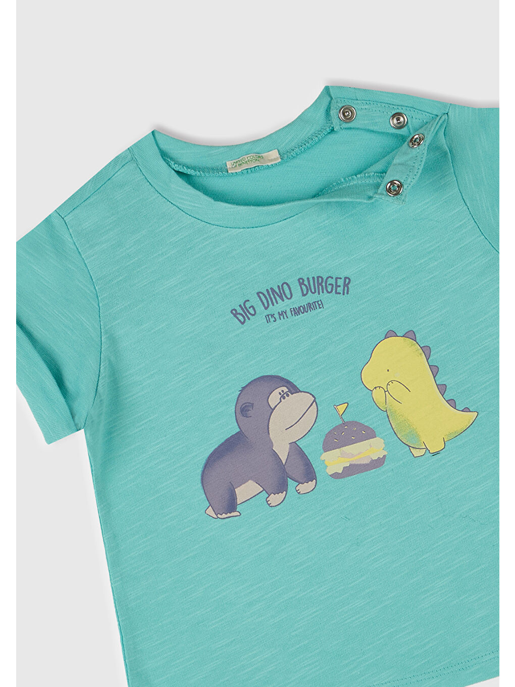 Turkuaz Bebek Su Yeşili Önü Baskılı Omzu Çıtçıtlı Manşet Detaylı T-Shirt-1