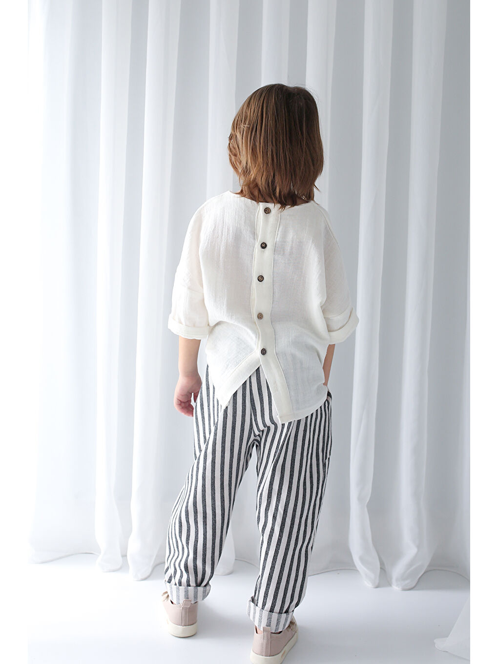 Lila 2'li Müslin Arkadan Düğmeli Gömlek ( Ekru ve Yağ Yeşili )-2