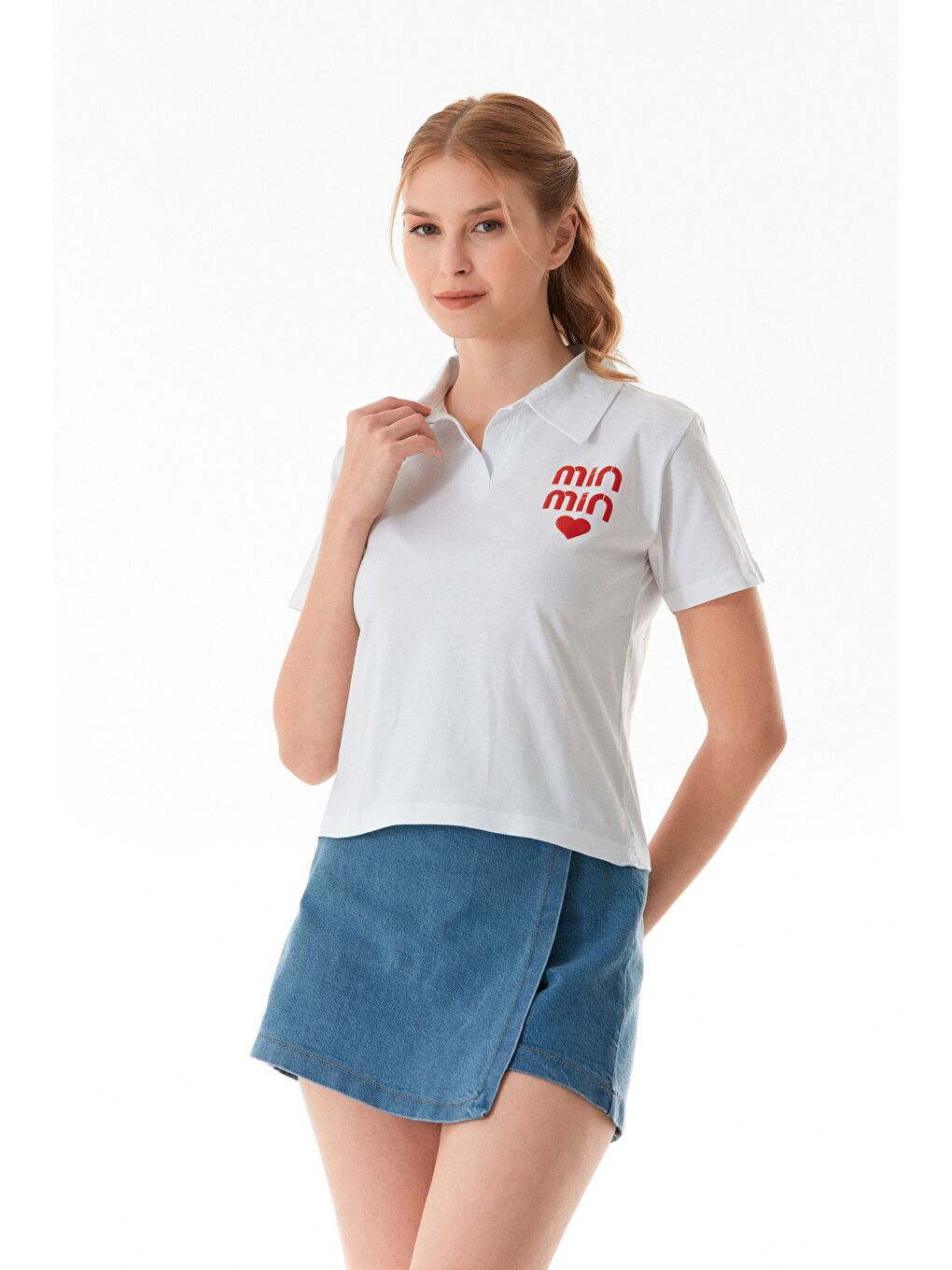 Beyaz Min Min Baskılı Polo Yaka Tişört-2