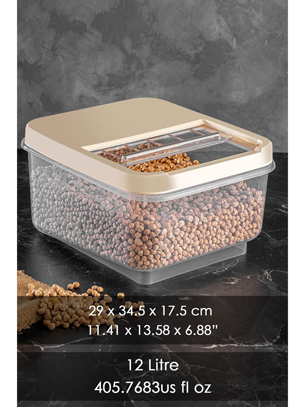 Ekru 2'li Set - Kayar Kapaklı Bakliyat Saklama Kabı 8 lt - 12 lt-3